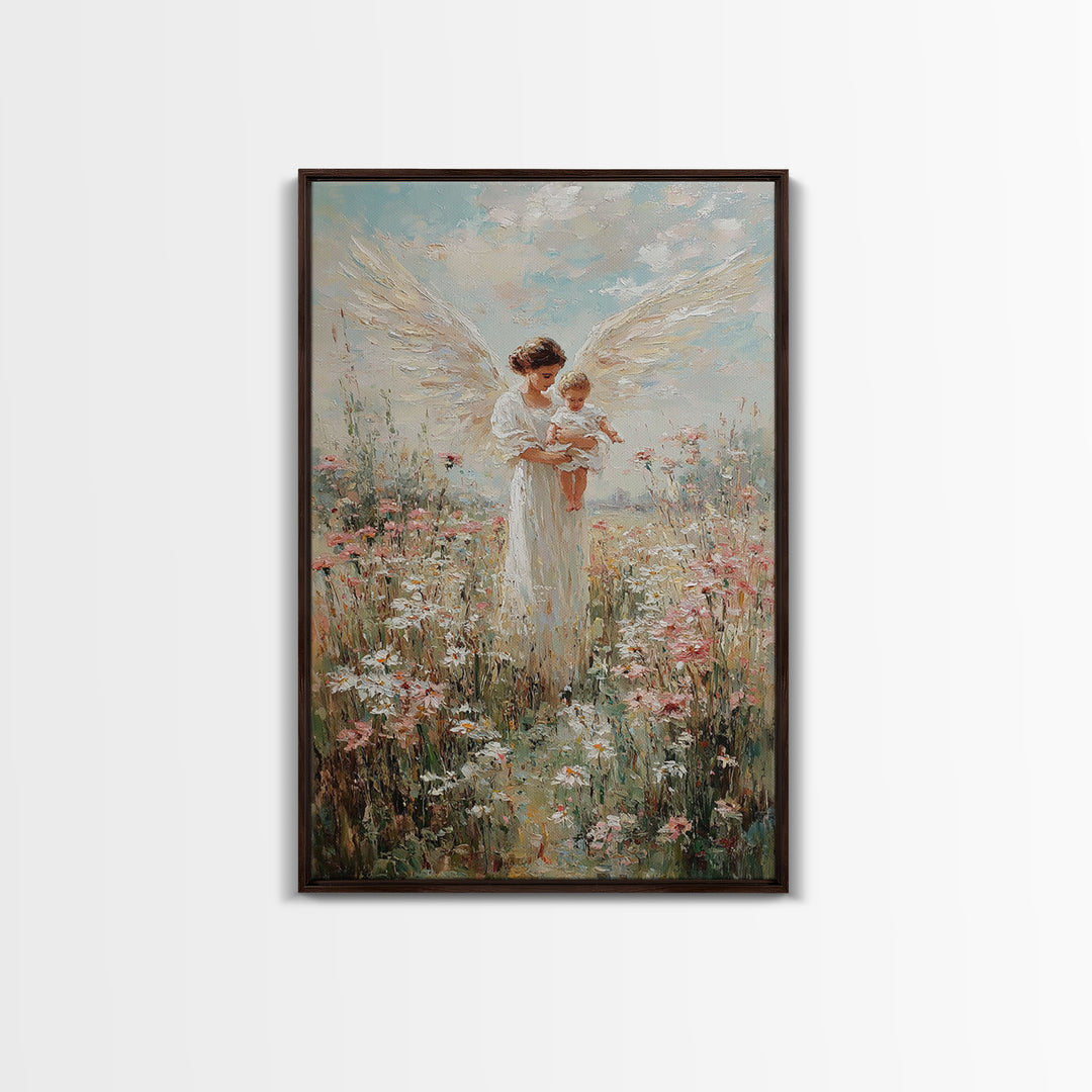 White Winged Angel Holding Baby In Flower Garden Canvas Print, Christian Nursery Wall Art, Floral Home Decor, Gift For Mom