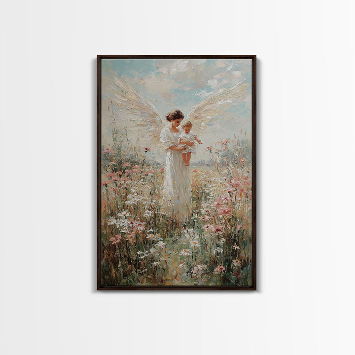 White Winged Angel Holding Baby In Flower Garden Canvas Print, Christian Nursery Wall Art, Floral Home Decor, Gift For Mom