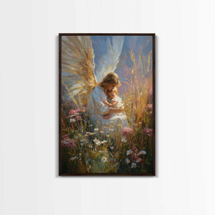 Glowing Angel Mother Nursing Baby In Wild Meadow Wall Art, Christian Canvas Print, Spiritual Nursery Decor, Gift For Her