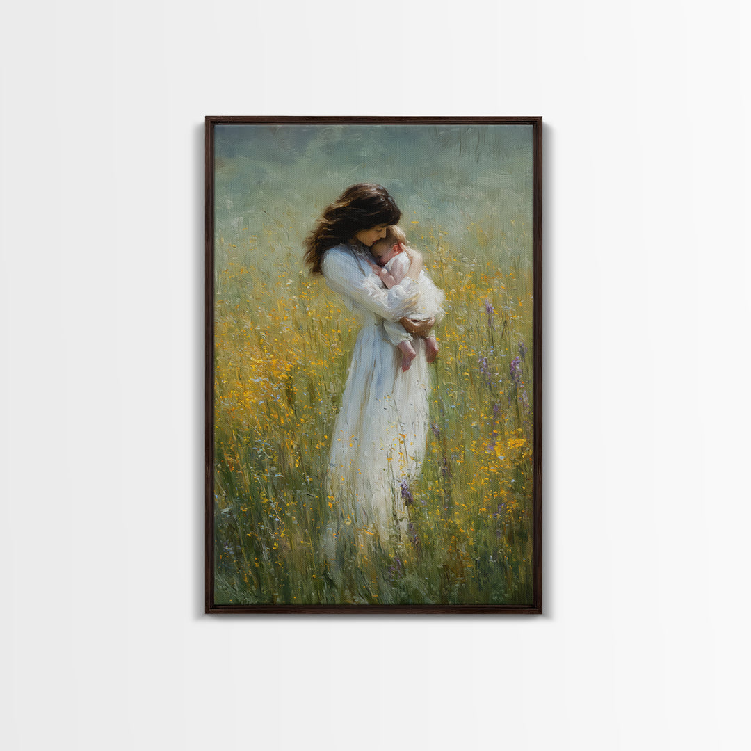 Tender Mother Cradling Newborn In Yellow Meadow Canvas Print, Motherhood Wall Art, Feminine Nursery Wall Decor, Gift For Mom