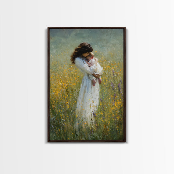 Tender Mother Cradling Newborn In Yellow Meadow Canvas Print, Motherhood Wall Art, Feminine Nursery Wall Decor, Gift For Mom