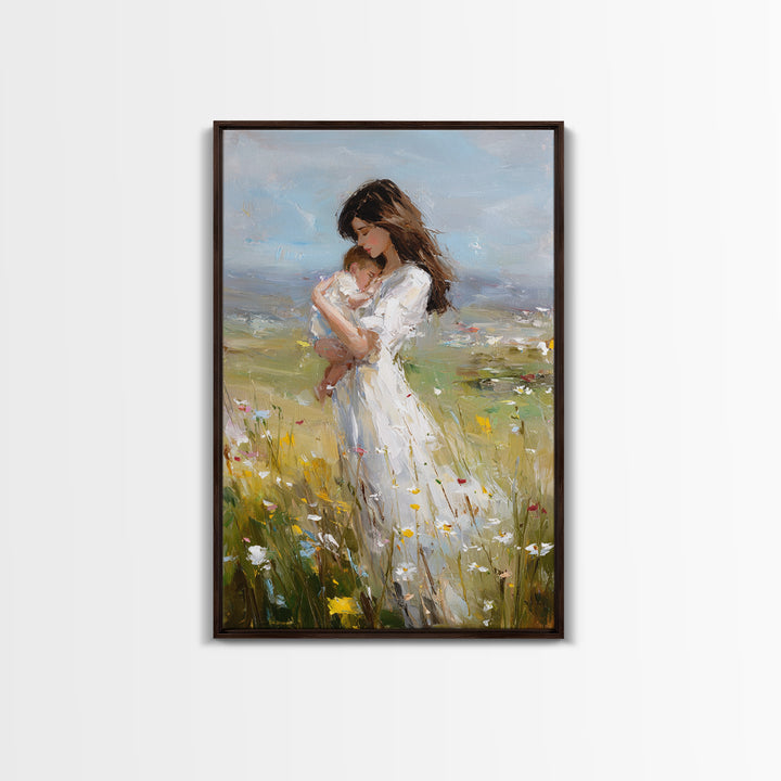 Mother Holding Sleeping Baby In Breezy Meadow Wall Art, Motherhood Canvas Print, Neutral Nursery Decor, Gift For Mom, Home Decor
