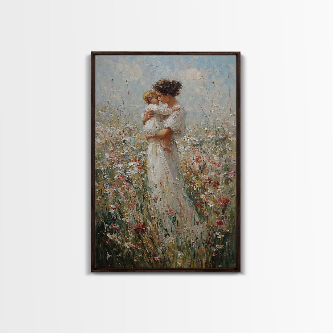 Mother Kissing Child In Wildflower Field Framed Canvas Print, Motherhood Wall Art, Floral Nursery Decor, Gift For Her, Home Decor
