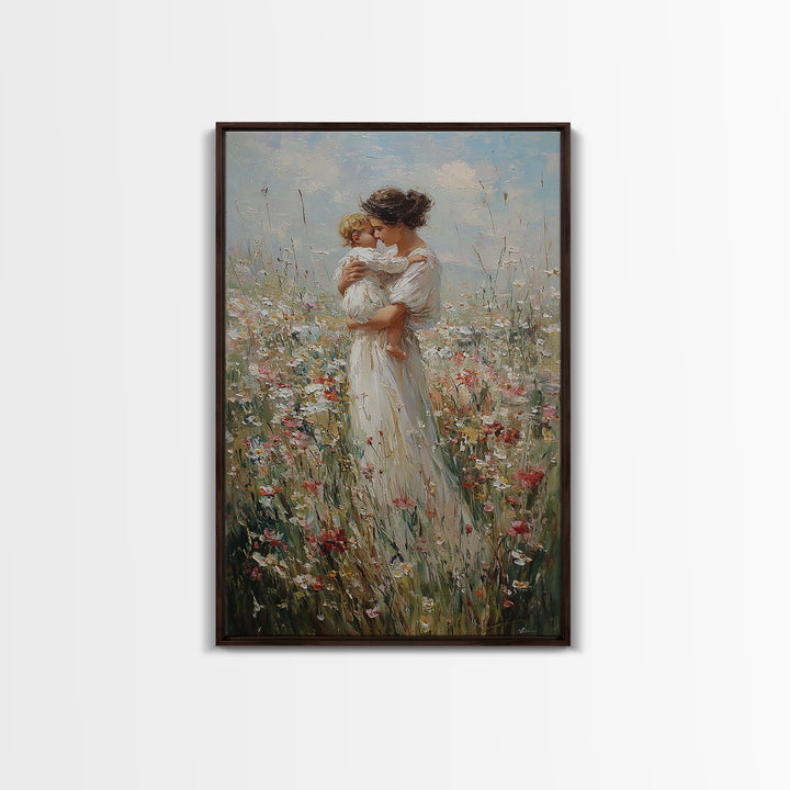Mother Kissing Child In Wildflower Field Framed Canvas Print, Motherhood Wall Art, Floral Nursery Decor, Gift For Her, Home Decor