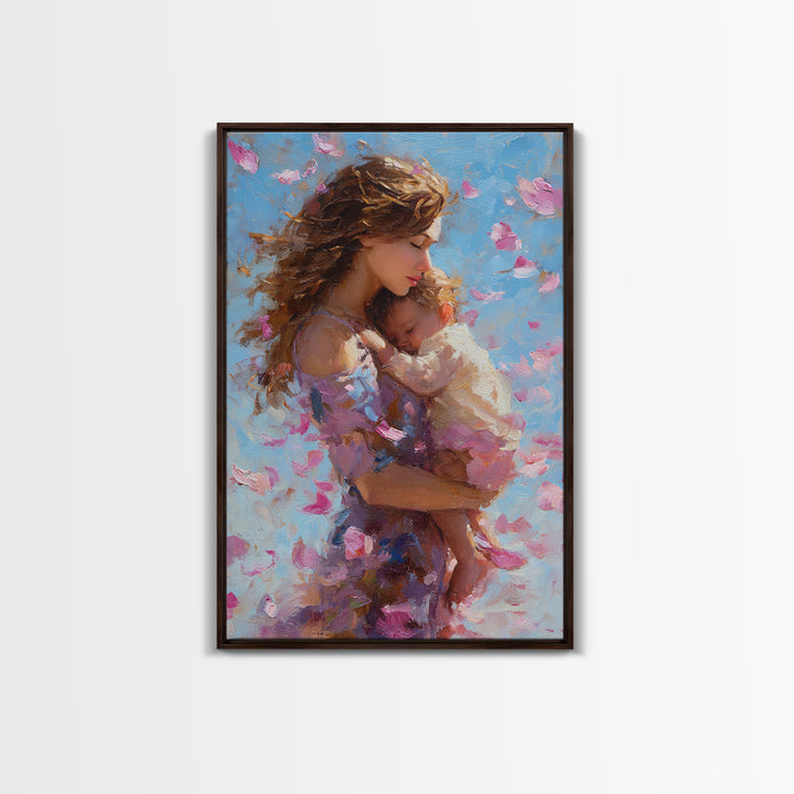 Tender Mother And Baby In Pink Petals Wall Art, Impressionist Oil Painting Print For Nursery, Bedroom, Gift For Mom, Home Decor