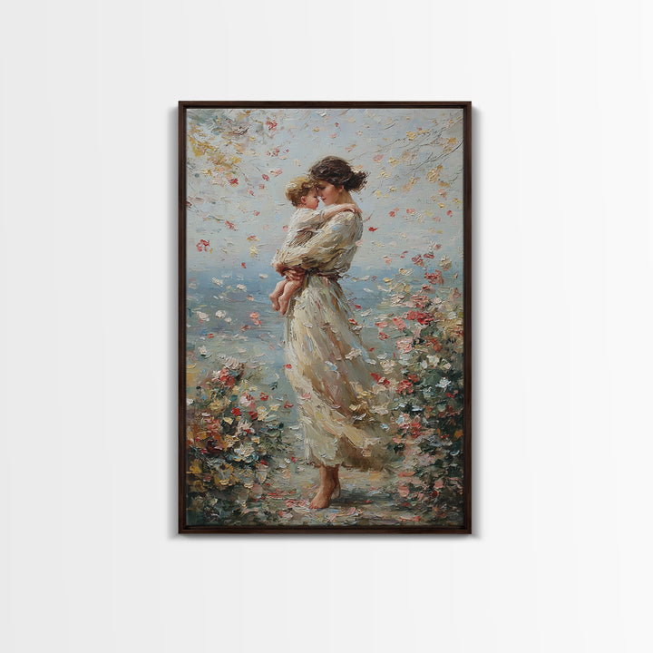 Mother Holding Child By Floral Shore Framed Canvas Print, Impressionist Wall Decor, Living Room Art, Gift For Mom, Housewarming Gift