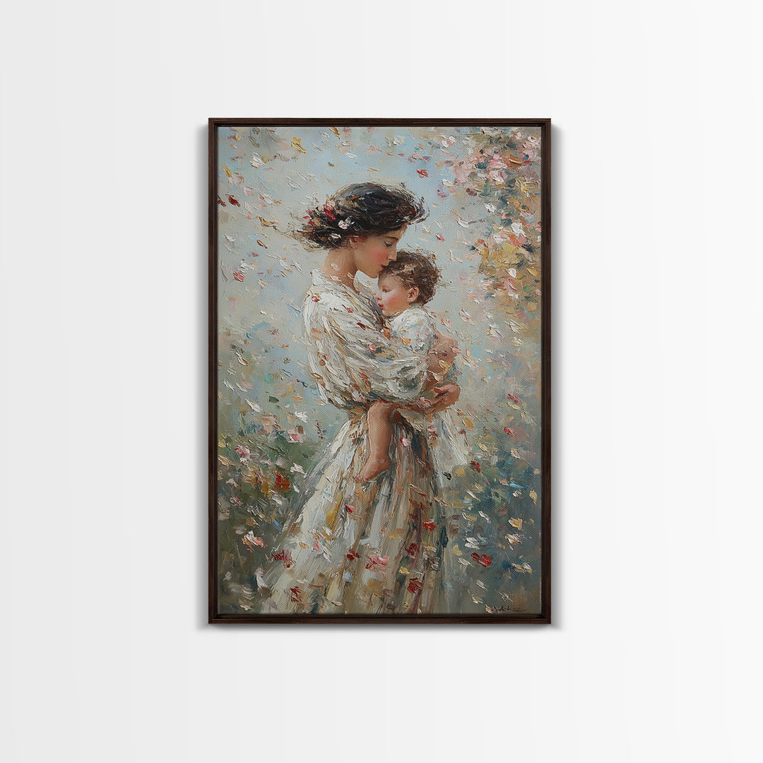 Mother Cradling Baby In Blossom Garden Wall Art, Romantic Impressionist Oil Painting, Feminine Bedroom Decor Gift For Her