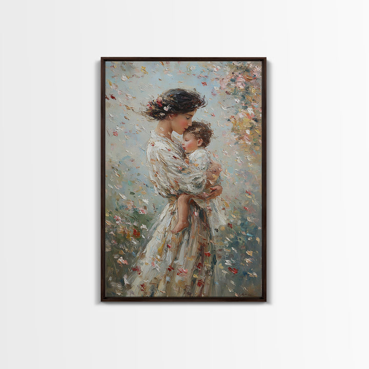 Mother Cradling Baby In Blossom Garden Wall Art, Romantic Impressionist Oil Painting, Feminine Bedroom Decor Gift For Her