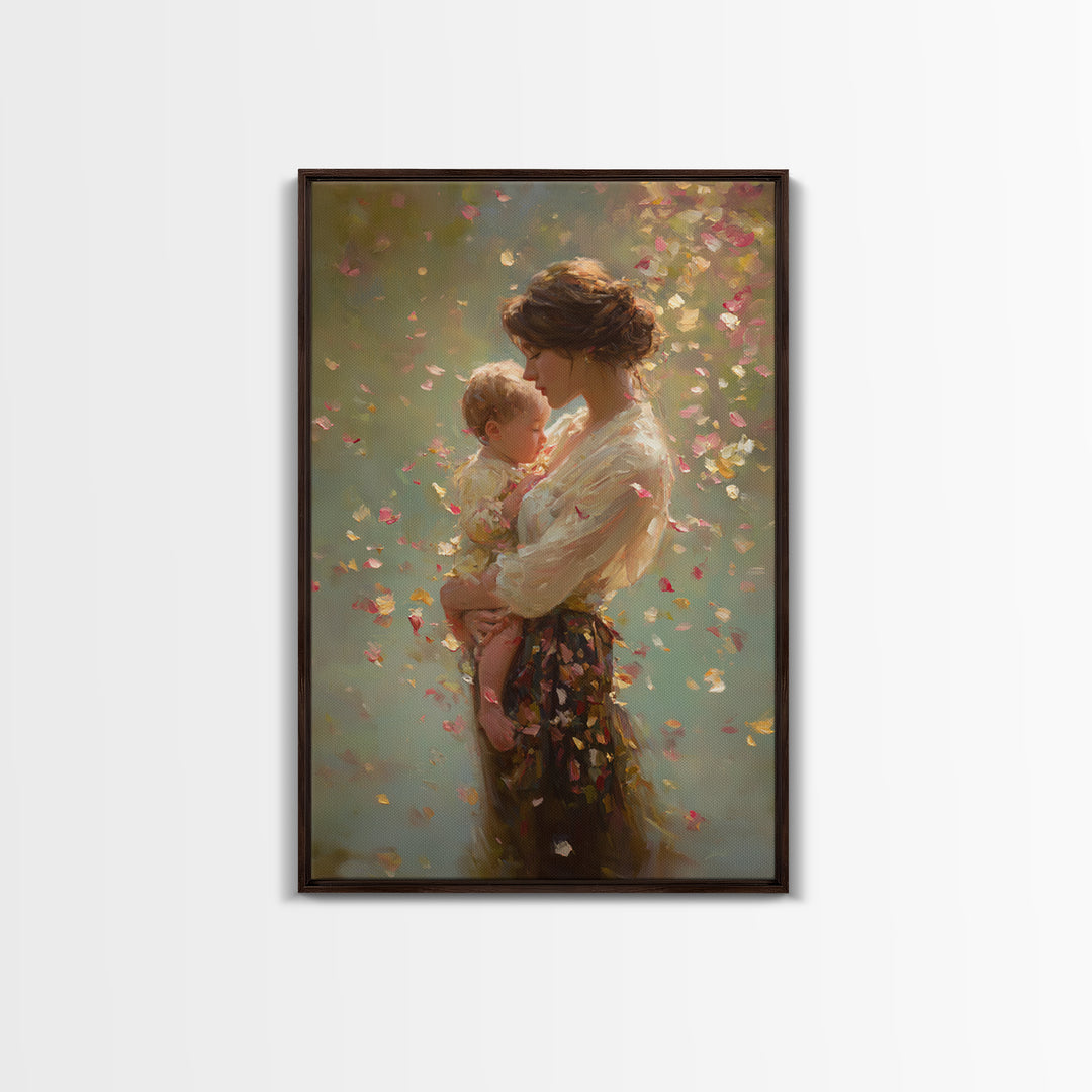 Warm Sunlit Mother And Baby Framed Canvas Print, Floral Impressionist Painting, Soft Feminine Wall Decor, Gift For Mom, Nursery Art