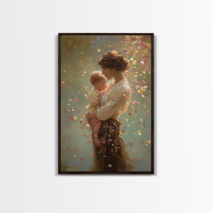 Warm Sunlit Mother And Baby Framed Canvas Print, Floral Impressionist Painting, Soft Feminine Wall Decor, Gift For Mom, Nursery Art