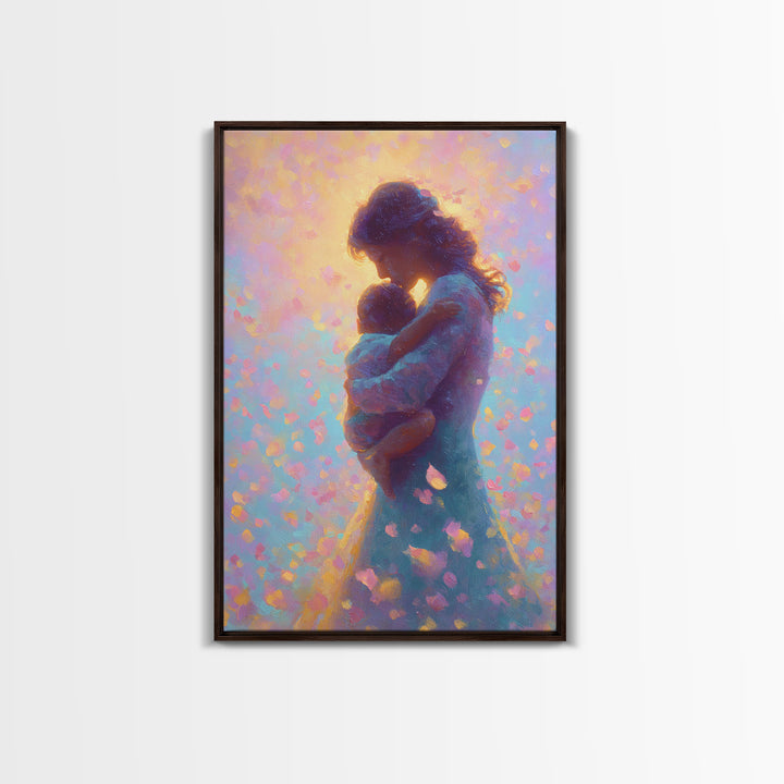 Glowing Mother And Infant Silhouette Canvas Print, Pastel Celestial Floral Petals, Dreamy Nursery Wall Art, Gift For Mom