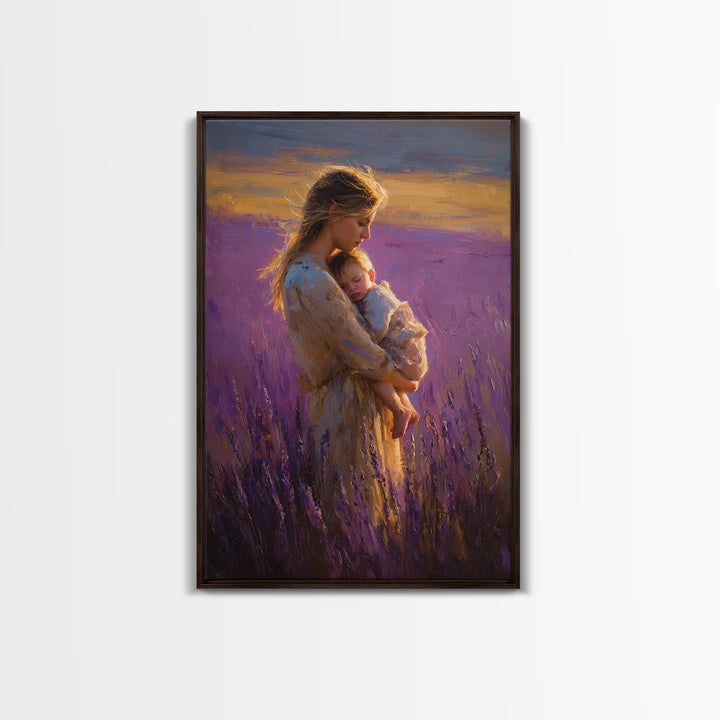 Mother And Sleeping Baby In Lavender Field Wall Art, Sunset Impressionist Oil Painting, Romantic Bedroom Decor, Gift For Mom