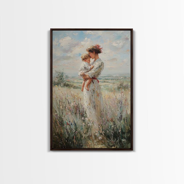 Mother Holding Child In Windy Wildflower Meadow Framed Canvas Print, Impressionist Landscape Wall Decor, Gift For Mom, Home Decor