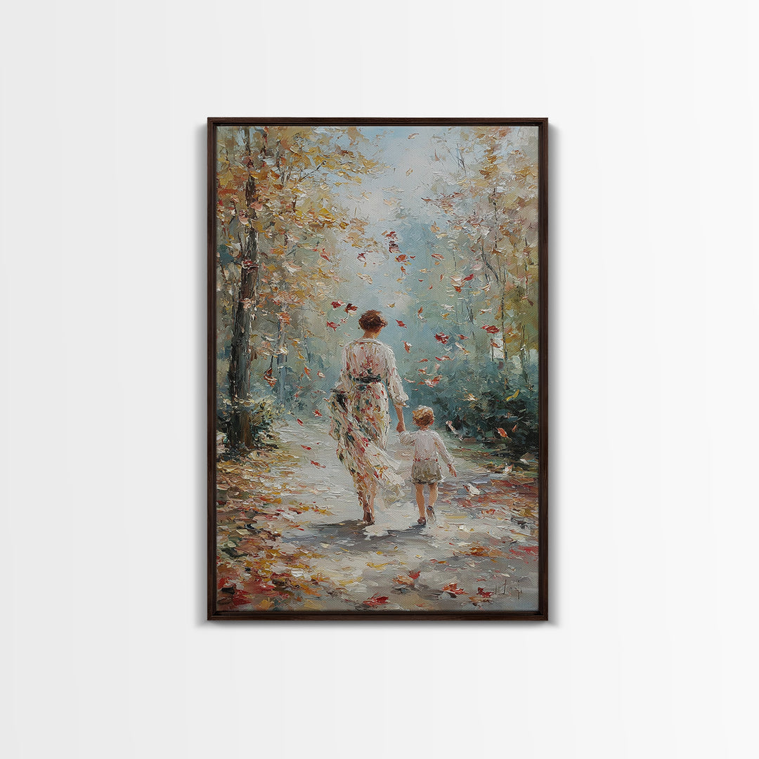 Mother And Child Autumn Walk Wall Art, Impressionist Forest Path Canvas, Cozy Family Decor, Gift For Mom, Living Room Art