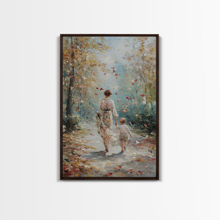 Mother And Child Autumn Walk Wall Art, Impressionist Forest Path Canvas, Cozy Family Decor, Gift For Mom, Living Room Art