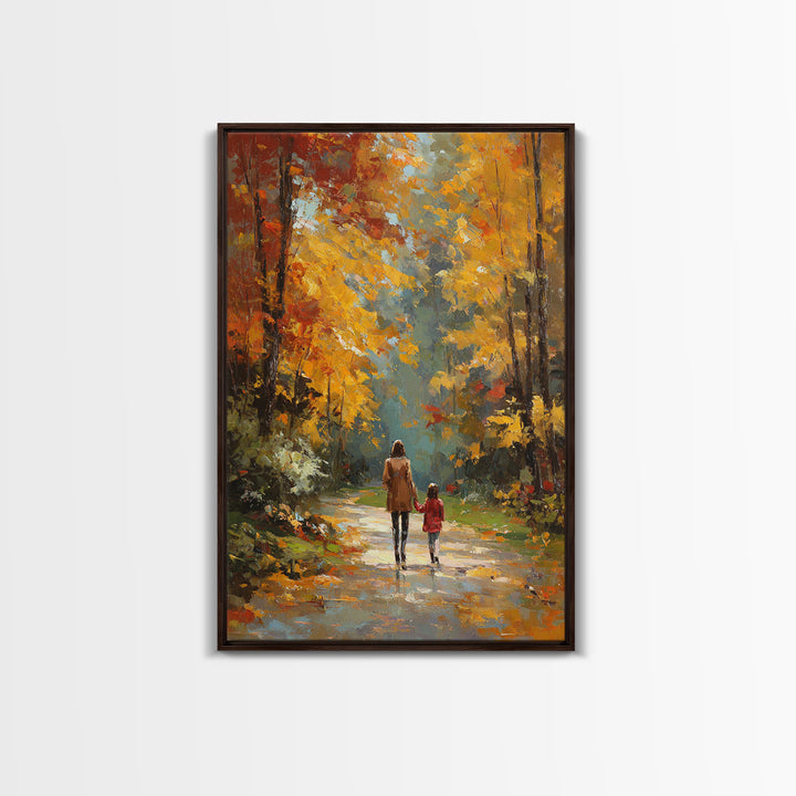 Golden Autumn Forest Walk Canvas Print, Mother Child Path Painting, Vibrant Landscape Wall Decor, Cozy Home Decor, Gift For Her