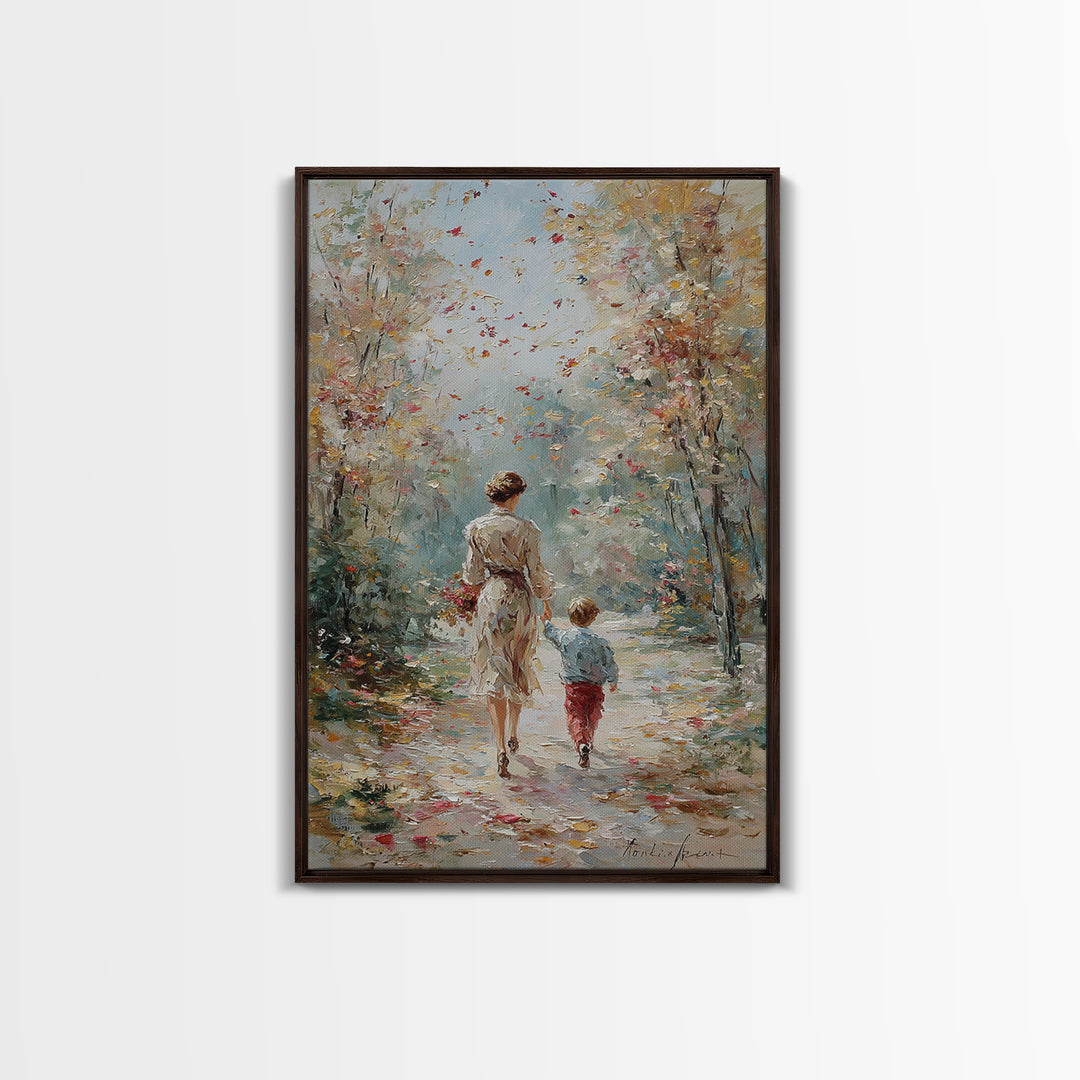 Mother And Son Fall Forest Walk Wall Art, Soft Impressionist Path Painting, Family Home Decor, Living Room Art, Mothers Day Gift
