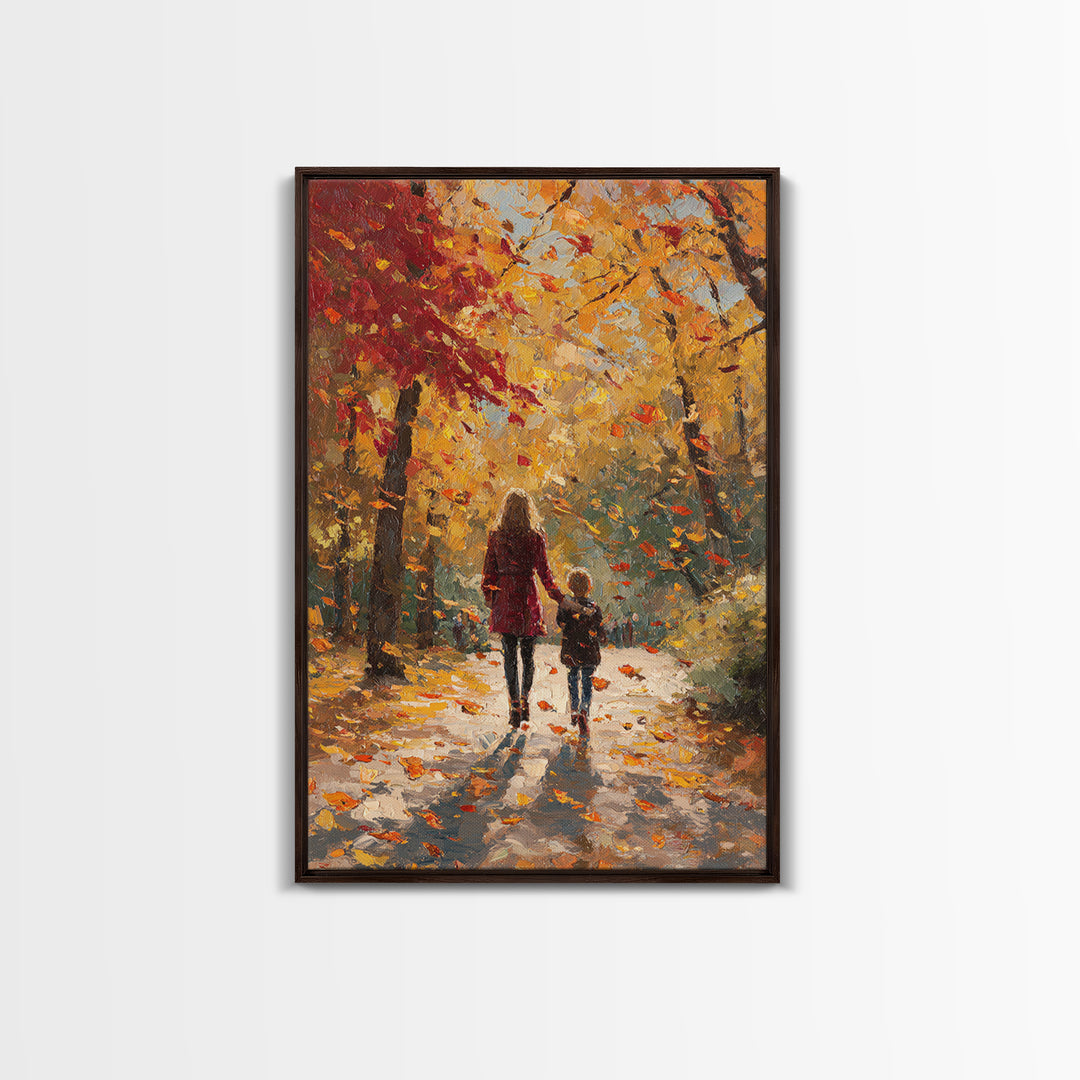 Mother And Child Golden Fall Walk Canvas Print, Red Coat Autumn Trees Painting, Warm Family Decor, Rustic Wall Art, Gift For Mom