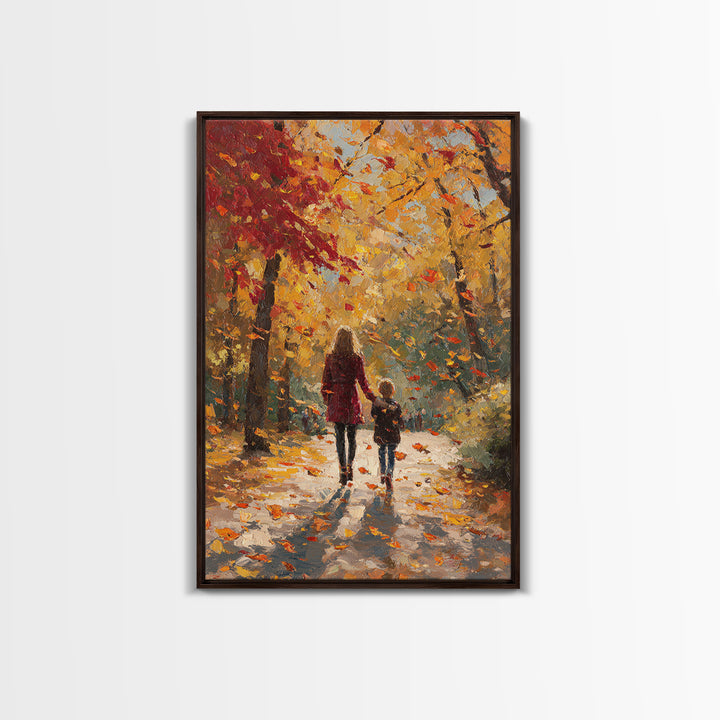 Mother And Child Golden Fall Walk Canvas Print, Red Coat Autumn Trees Painting, Warm Family Decor, Rustic Wall Art, Gift For Mom