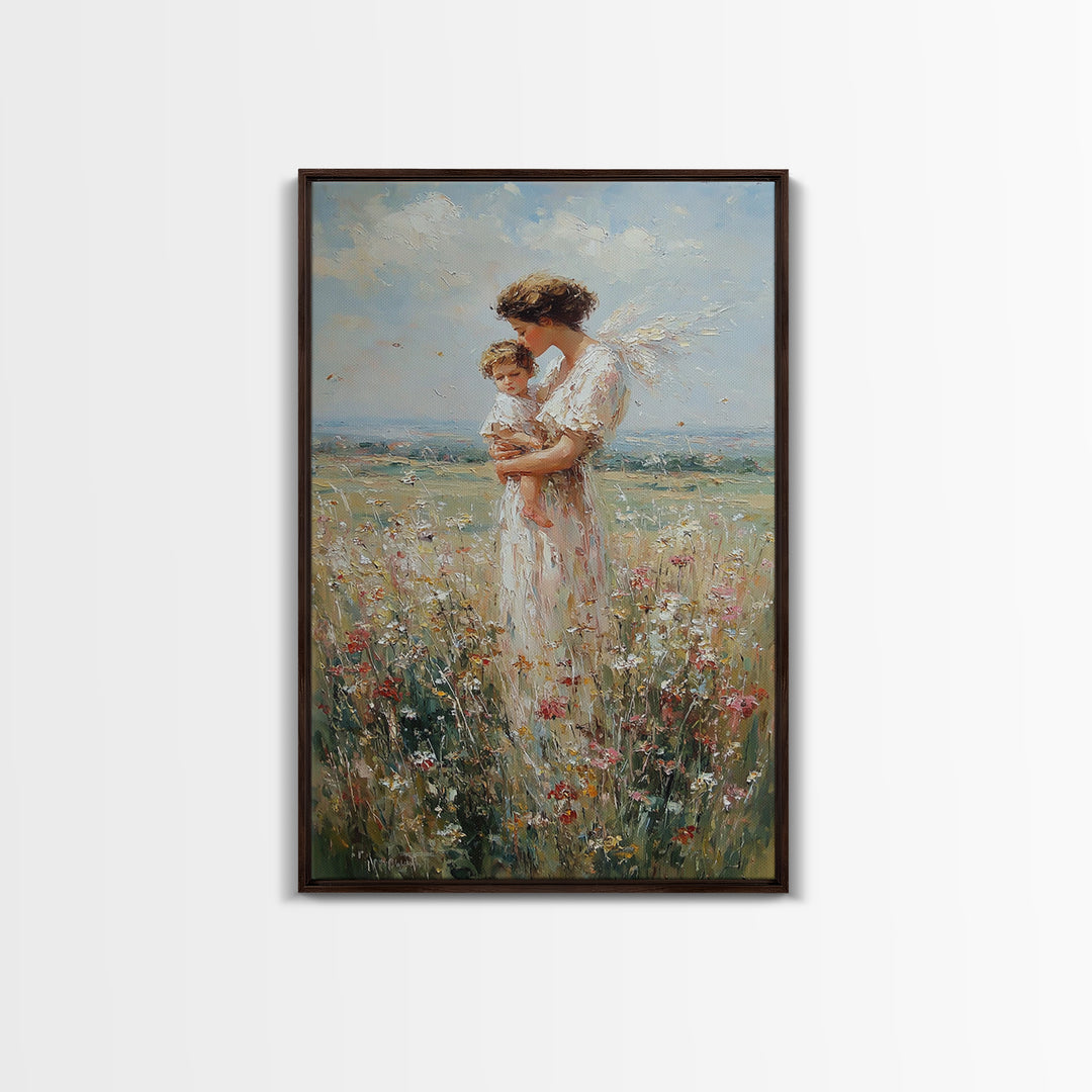 Guardian Angel Holding Child Wall Art, Wildflower Meadow Oil Painting, Christian Nursery Decor, Spiritual Gift For Mom, Fine Art