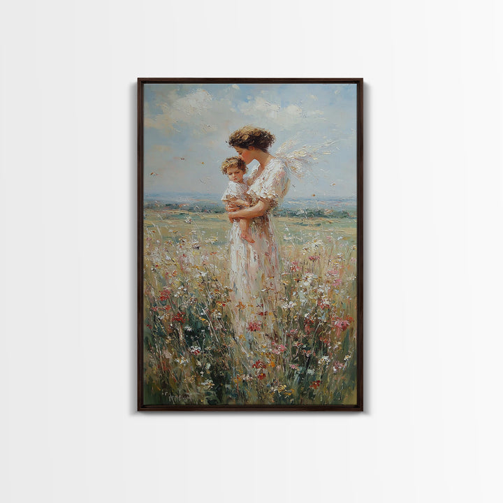 Guardian Angel Holding Child Wall Art, Wildflower Meadow Oil Painting, Christian Nursery Decor, Spiritual Gift For Mom, Fine Art