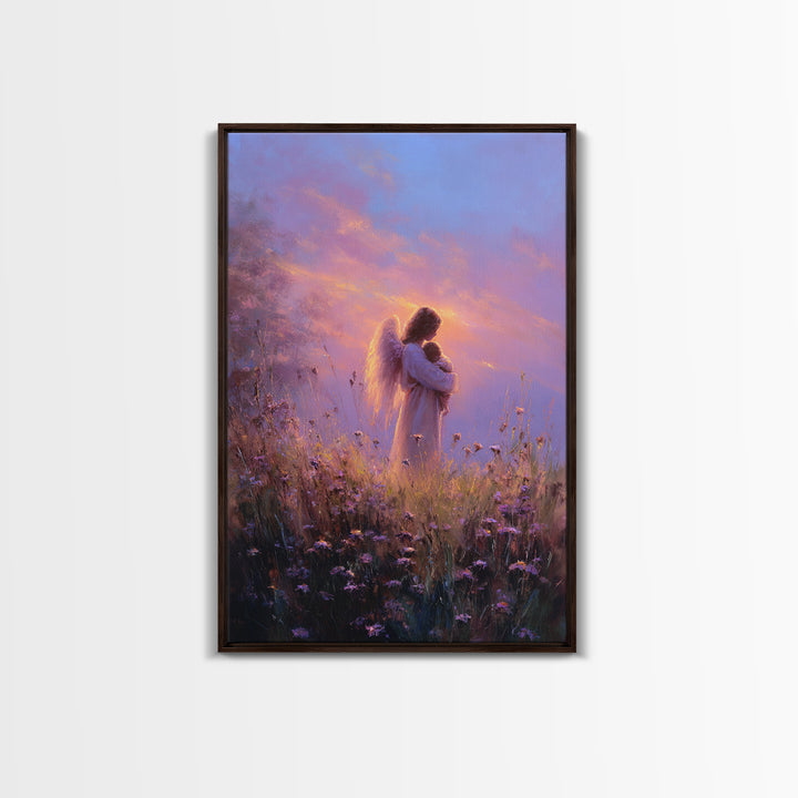Angel Mother Cradling Baby Framed Canvas Print, Lavender Sunset Meadow Painting, Spiritual Wall Art, Nursery Decor, New Mom Gift