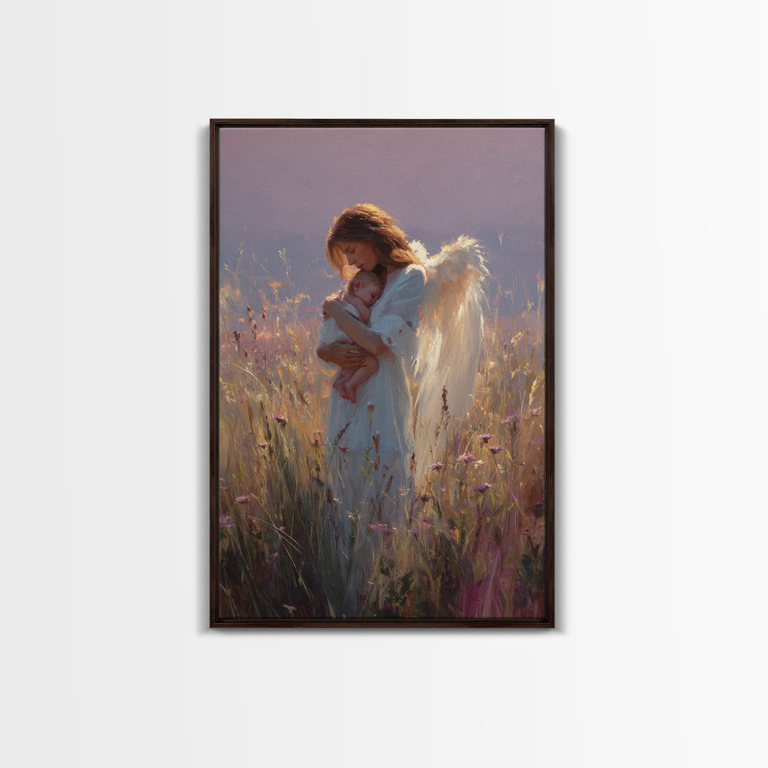 Angel Mother With Newborn Canvas Print, Golden Wildflower Meadow Painting, Guardian Angel Wall Art, Baby Nursery Decor, Gift For Mom