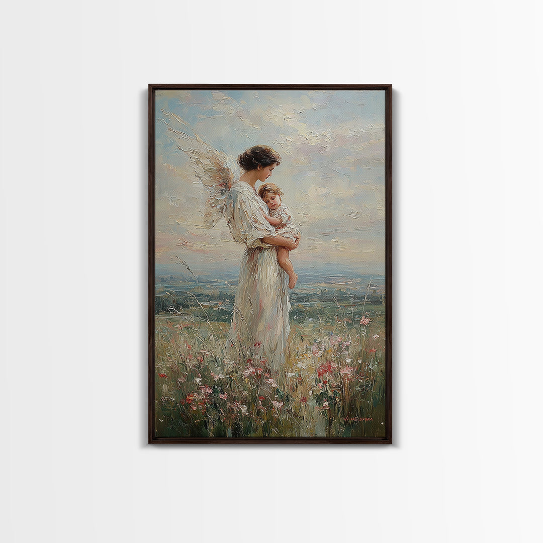 Guardian Angel Mother Holding Baby In Wildflower Meadow Wall Art, Christian Nursery Decor, Motherhood Gift, Fine Art Print