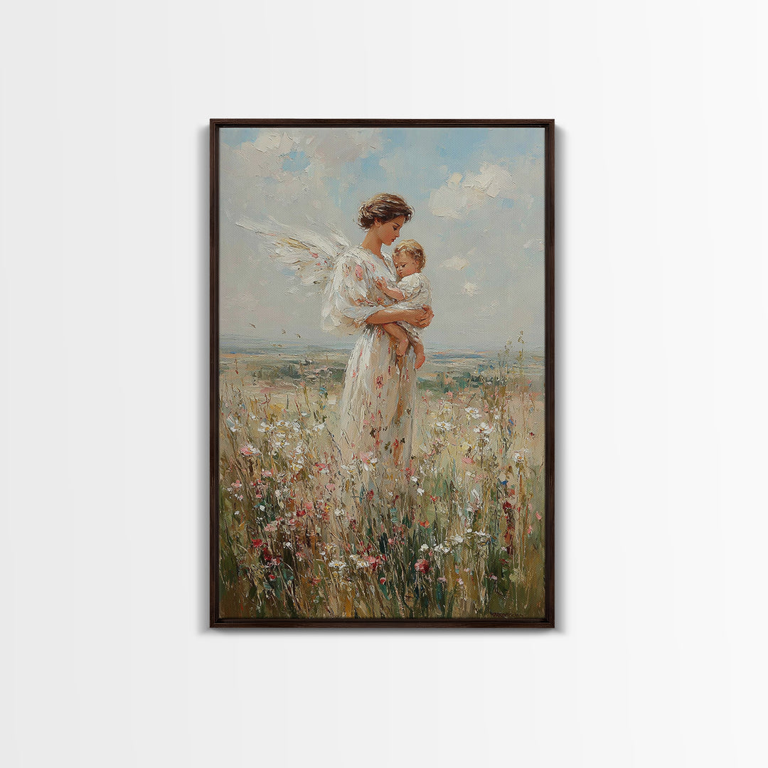 Serene Angel Mother Cradling Baby In Flower Field Framed Canvas Print, Christian Wall Art, Nursery Decor, Gift For Her And Mom