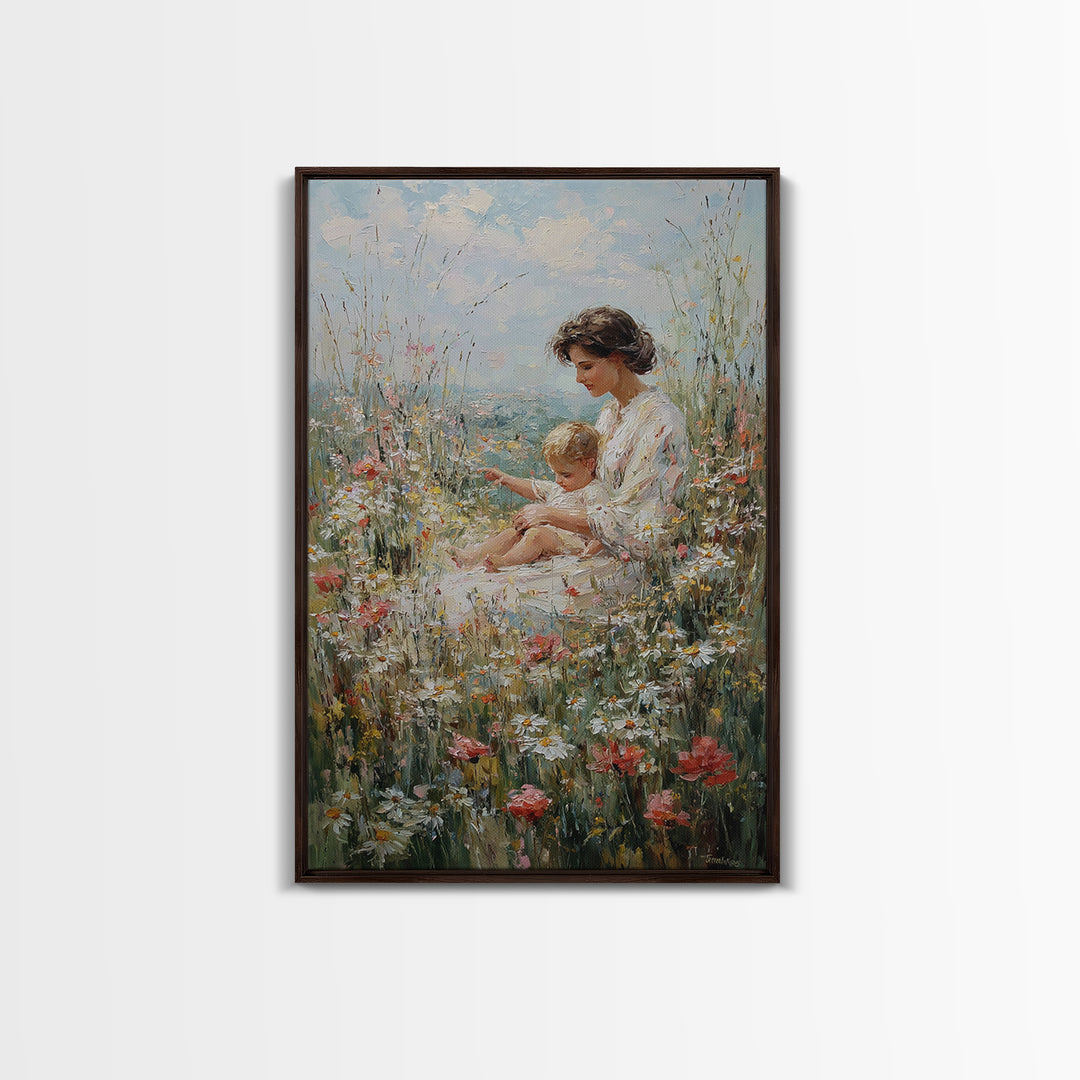 Mother And Child Resting In Daisy And Poppy Meadow Wall Art, Impressionist Floral Decor, Nursery Art Print, Gift For Mom