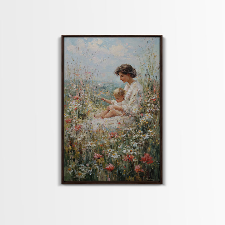 Mother And Child Resting In Daisy And Poppy Meadow Wall Art, Impressionist Floral Decor, Nursery Art Print, Gift For Mom