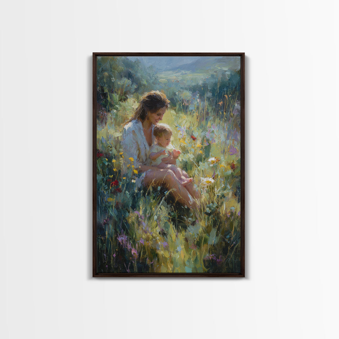 Glowing Mother And Baby In Mountain Wildflower Meadow Wall Art, Impressionist Landscape Decor, Nursery Art, Gift For Mom