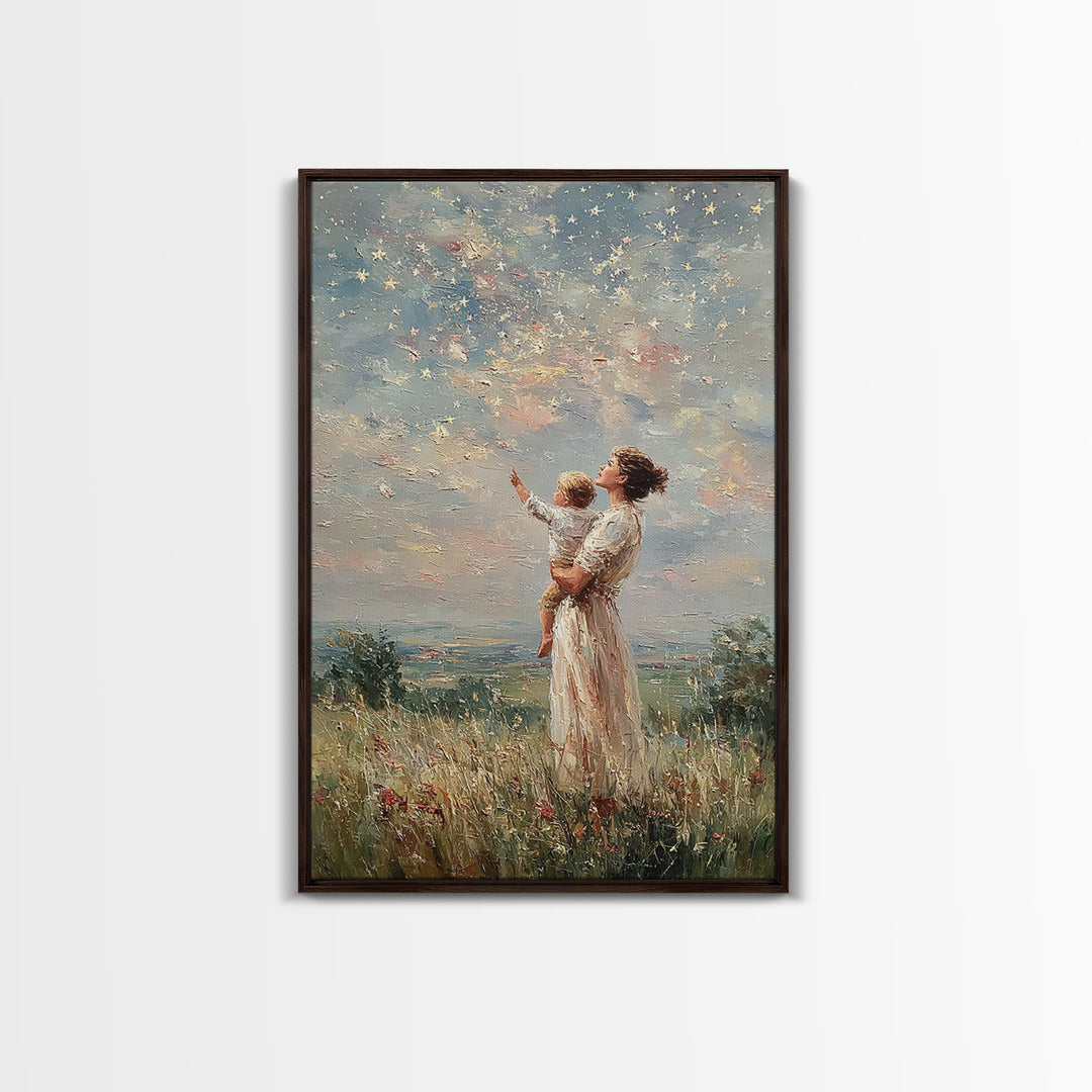 Mother Holding Child Beneath Starry Sky In Meadow Framed Canvas Print, Celestial Wall Art, Christian Nursery Decor, Gift