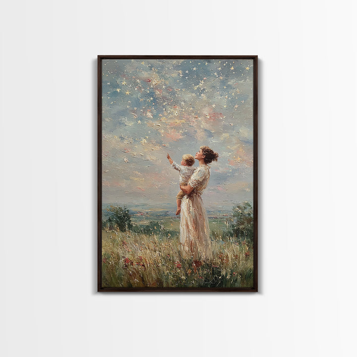 Mother Holding Child Beneath Starry Sky In Meadow Framed Canvas Print, Celestial Wall Art, Christian Nursery Decor, Gift