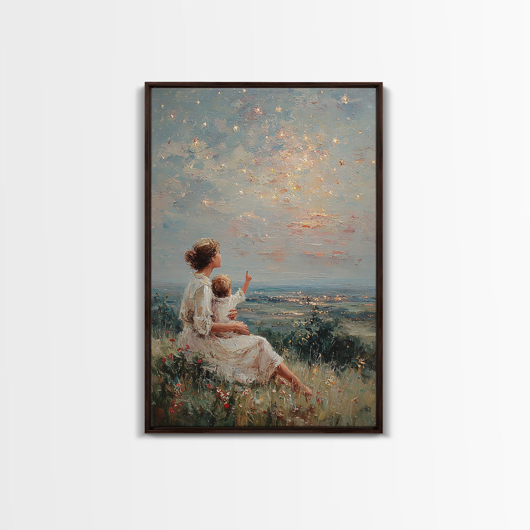Mother And Child Under Sparkling Sky Wall Art, Impressionist Meadow Landscape Print, Nursery Decor, Gift For Mom, Living Room Decor