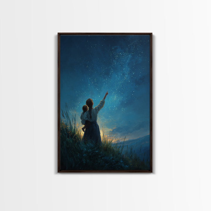 Mother And Child Stargazing At Milky Way Framed Canvas Print, Celestial Wall Art, Night Sky Decor, Nursery Gift, Mystical Home Decor