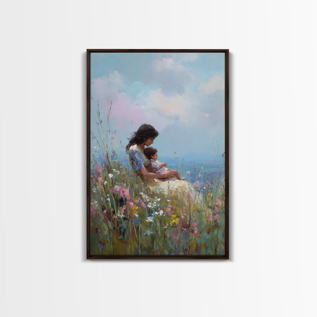Mother Holding Baby In Wildflower Meadow Canvas Print, Impressionist Floral Wall Art, Nursery Decor, Gift For Her, Mothers Day Gift