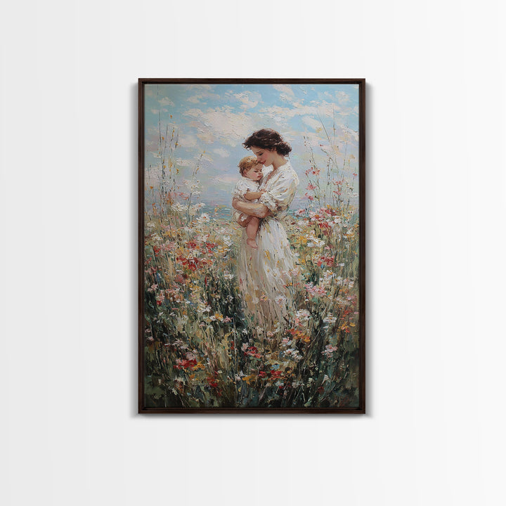 Mother Holding Baby In Sunlit Wildflowers Framed Canvas Print, Impressionist Floral Wall Art, Motherhood Gift, Nursery Decor