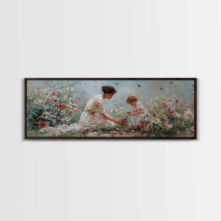 Mother And Child Garden Wall Art, Impressionist Wildflower Meadow Canvas Print, Feminine Nursery Decor Gift For Mom Home Decor