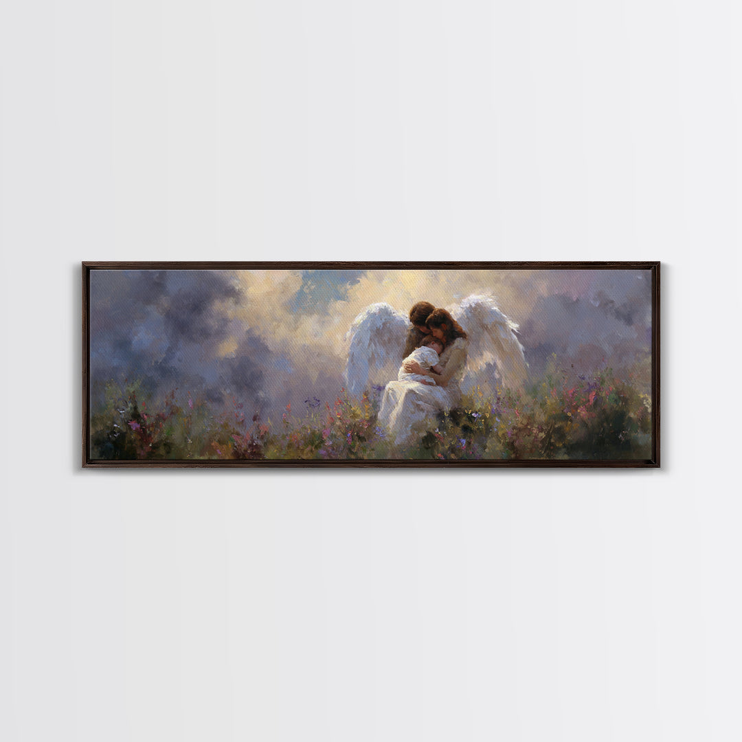 Guardian Angel And Child Wall Art, Ethereal Wildflower Meadow Framed Canvas Print, Christian Nursery Decor Gift For Baby Room