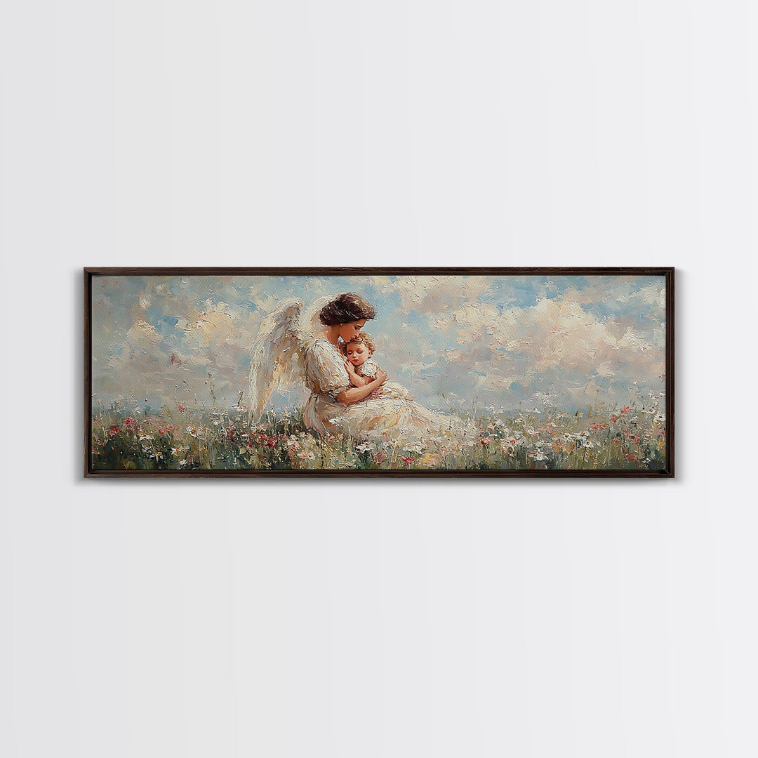 Angel Mother Holding Baby Wall Art, White Wings Wildflower Field Canvas Print, Christian Nursery Decor Gift For Mom Home Decor