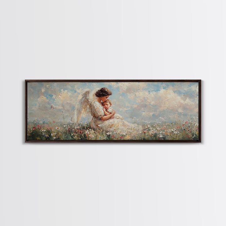 Angel Mother Holding Baby Wall Art, White Wings Wildflower Field Canvas Print, Christian Nursery Decor Gift For Mom Home Decor