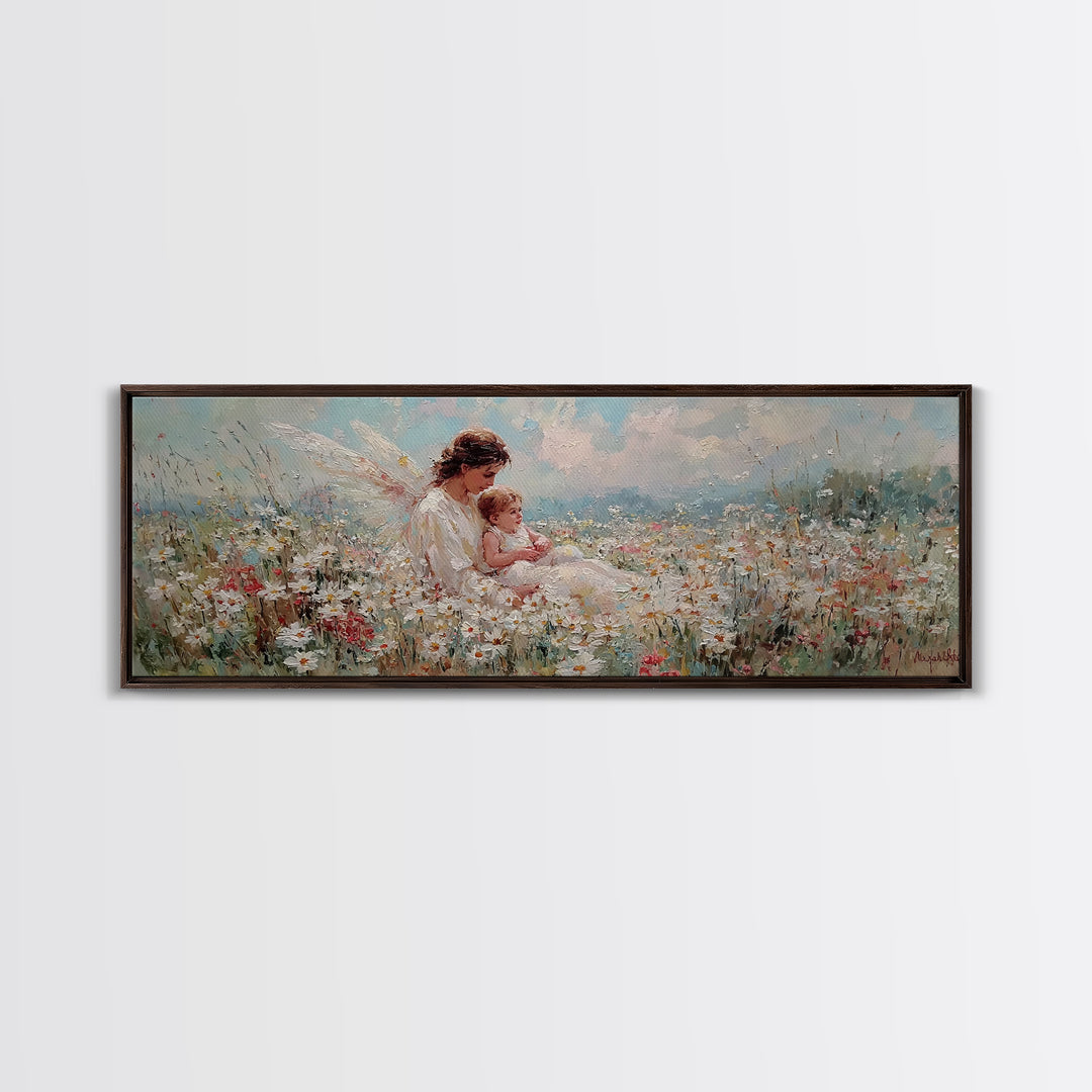 Angel Mother And Baby Daisy Meadow Wall Art, Heavenly Wildflower Canvas Print, Christian Nursery Decor Gift For Mom Home Decor