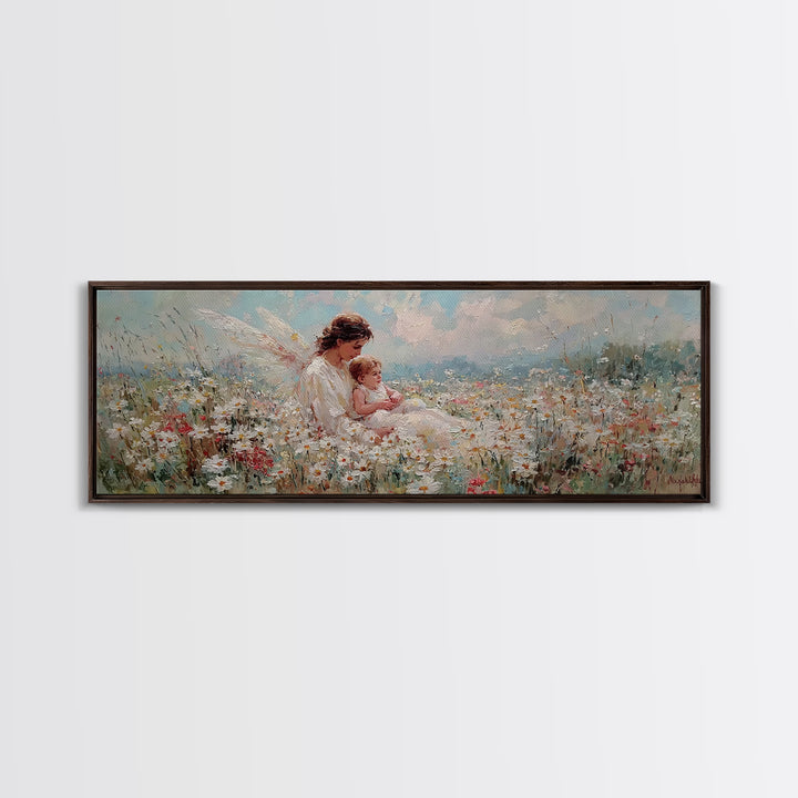 Angel Mother And Baby Daisy Meadow Wall Art, Heavenly Wildflower Canvas Print, Christian Nursery Decor Gift For Mom Home Decor