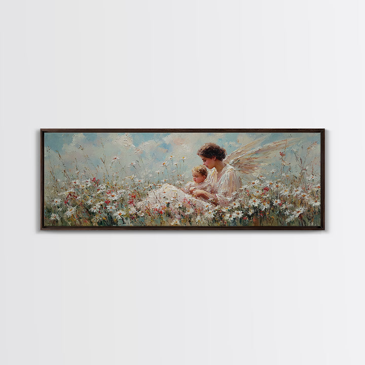 Angel Mother And Child In Wildflower Meadow Wall Art, Christian Nursery Decor, Angel Canvas, Motherhood Gift For Her, Serene Home Decor