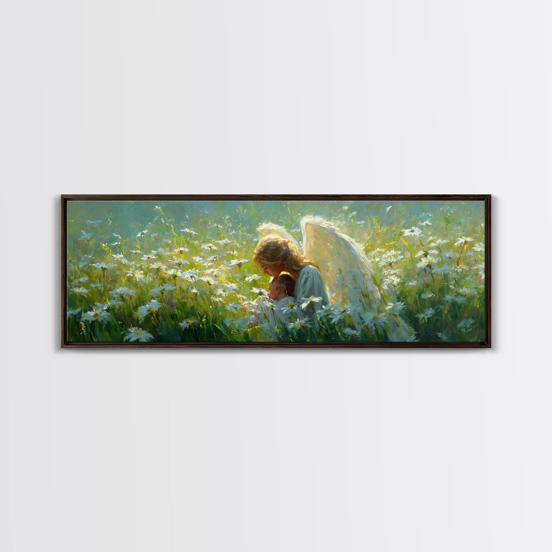 Guardian Angel Holding Baby In Daisy Meadow Framed Canvas Print, Christian Wall Art, Nursery Decor, Motherhood Gift For Her
