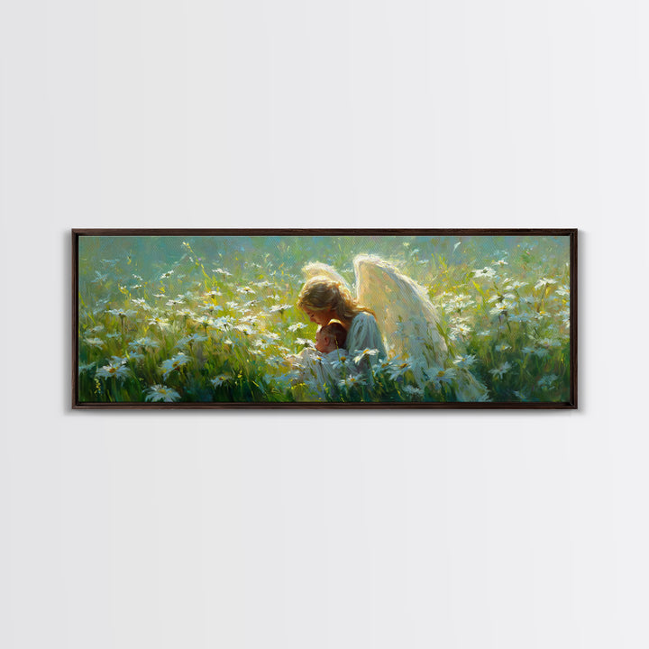 Guardian Angel Holding Baby In Daisy Meadow Framed Canvas Print, Christian Wall Art, Nursery Decor, Motherhood Gift For Her