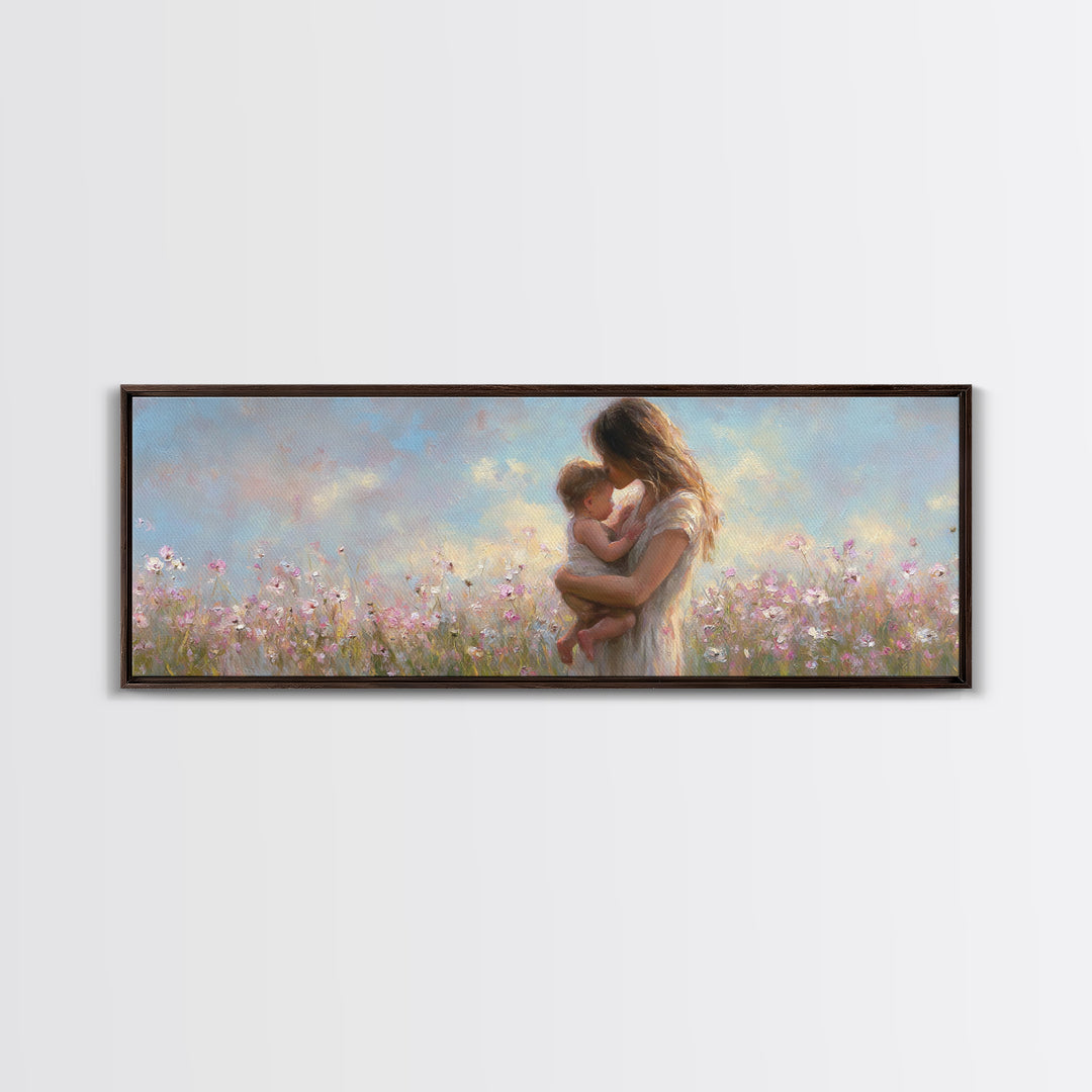 Tender Mother Holding Baby In Pastel Wildflowers Canvas Print, Motherhood Wall Art, Nursery Decor, Gift For Mom, Baby Shower Gift
