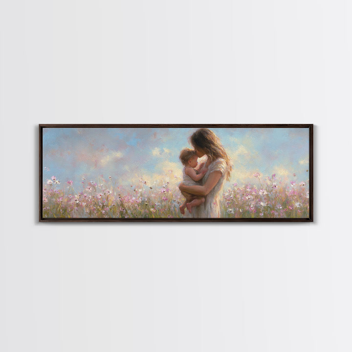 Tender Mother Holding Baby In Pastel Wildflowers Canvas Print, Motherhood Wall Art, Nursery Decor, Gift For Mom, Baby Shower Gift