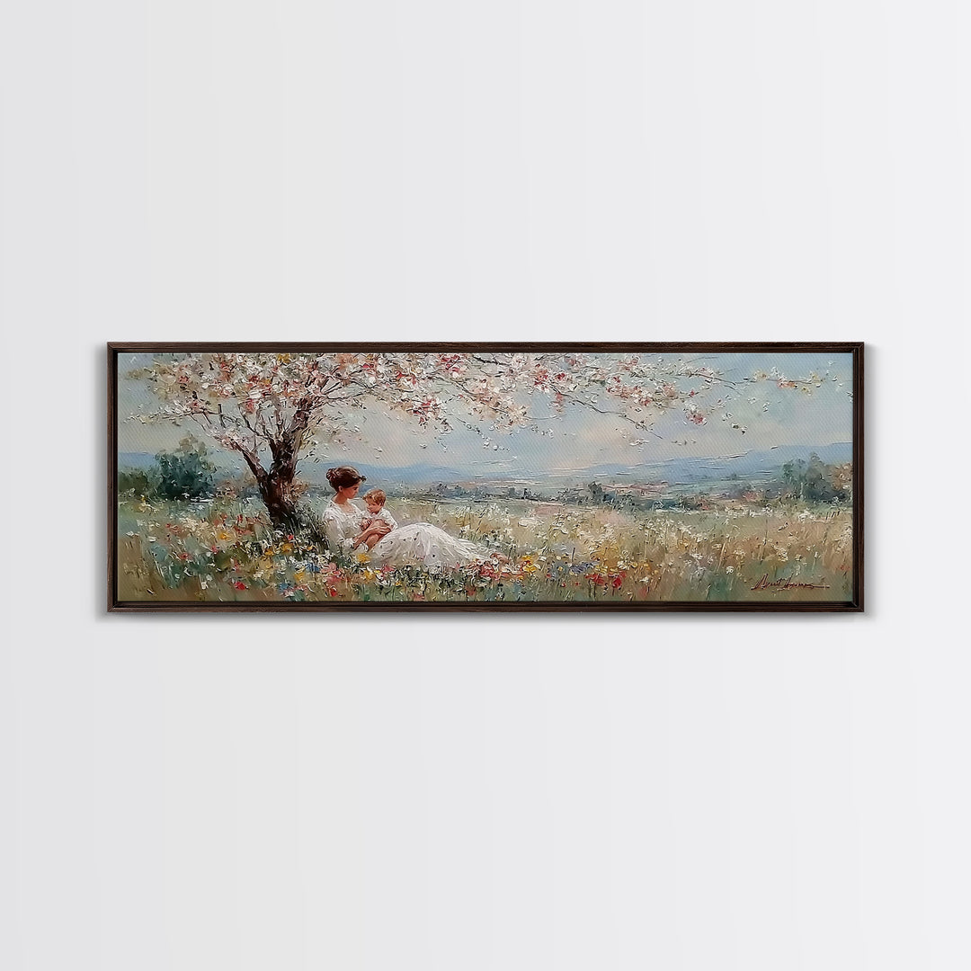 Mother And Baby Under White Blossom Tree In Meadow Framed Canvas Print, Floral Wall Art, Valley Landscape, Nursery Decor